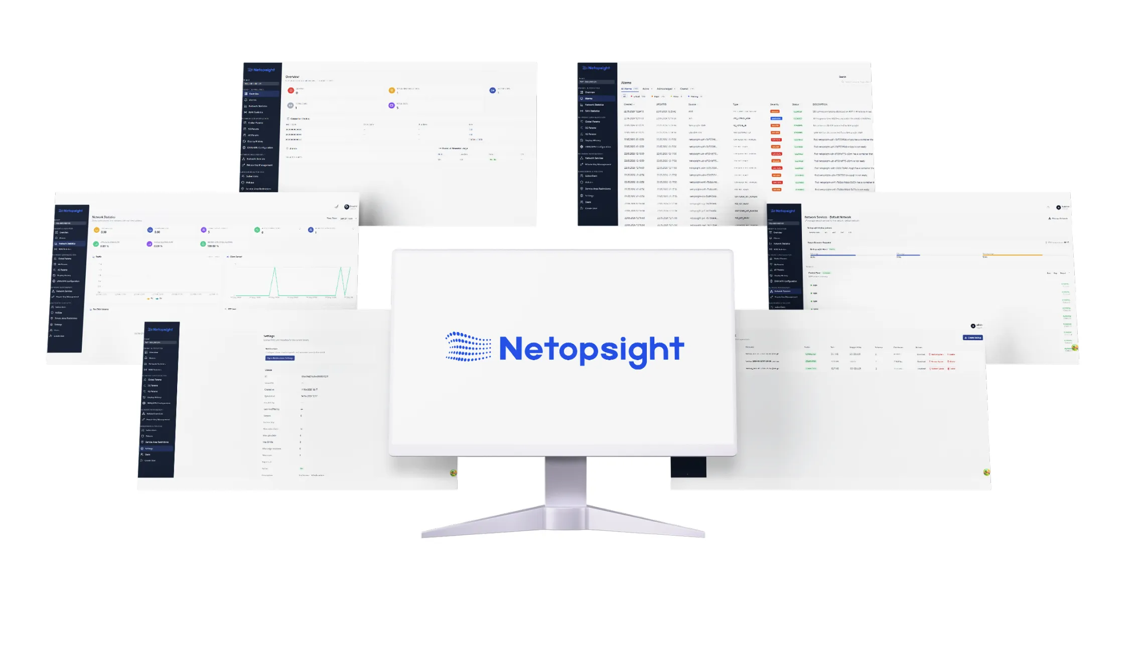 Netopsight network management dashboards displayed around a desktop monitor.