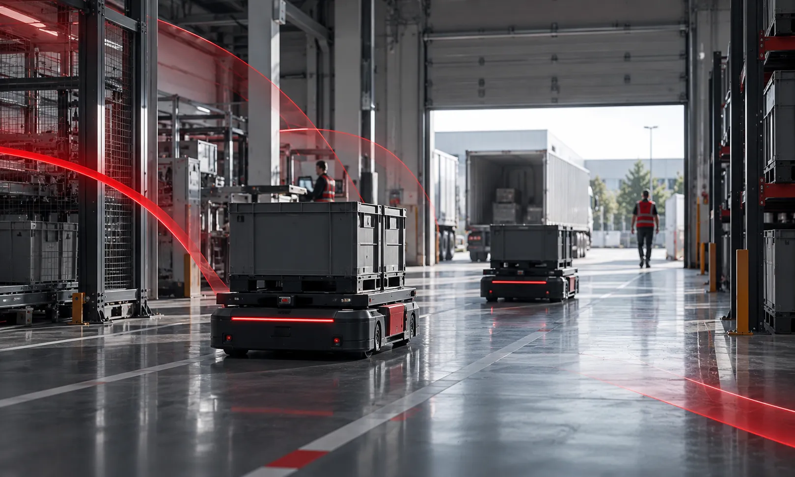 Illustration of automated guided vehicles moving cargo through an industrial warehouse.