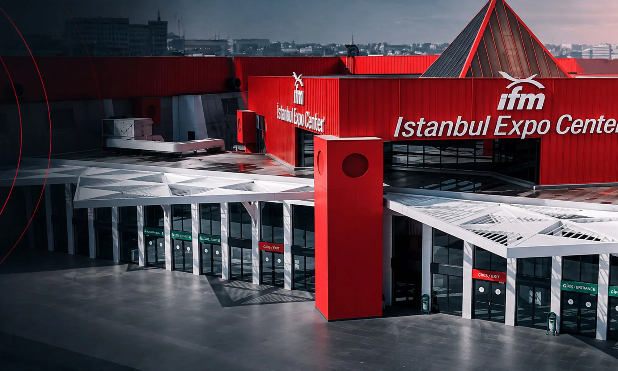 Entrance to IFM Istanbul Expo Center with its distinctive red facade.