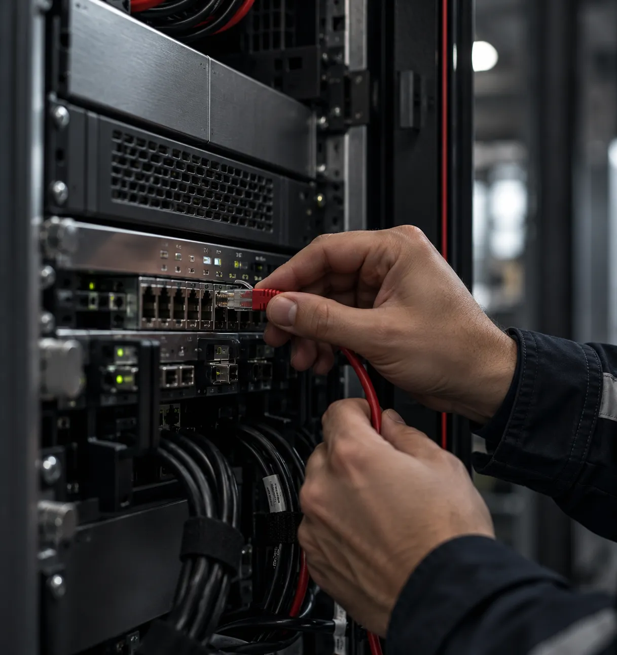 Technician connecting an Ethernet cable to a network switch in an equipment rack.