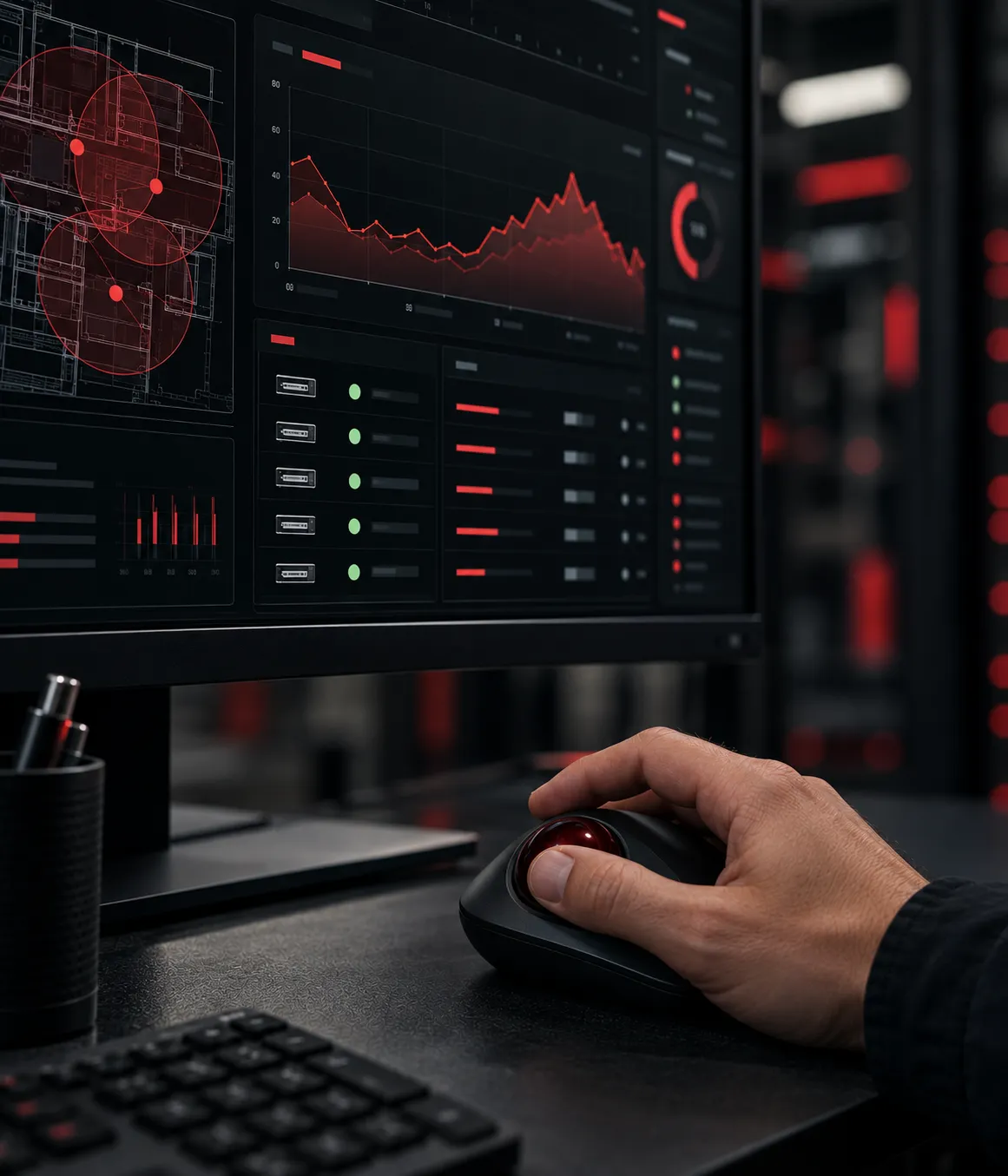 Close-up of an operator monitoring network performance and equipment status on a dashboard.