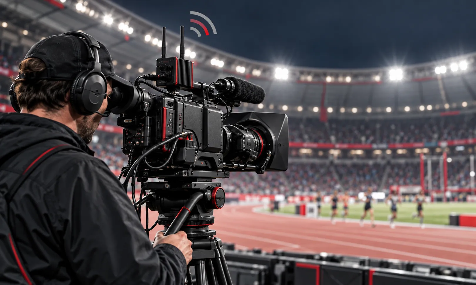 Illustration of a camera operator using a wireless broadcast camera at a sporting event.