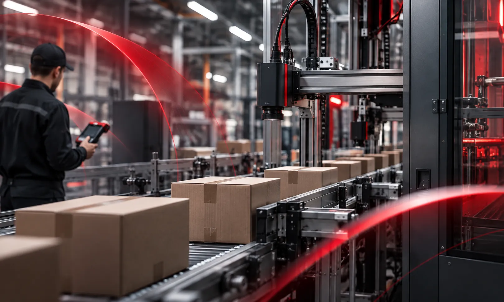 Illustration of a connected packaging production line with boxes on a conveyor and a technician using a handheld device.