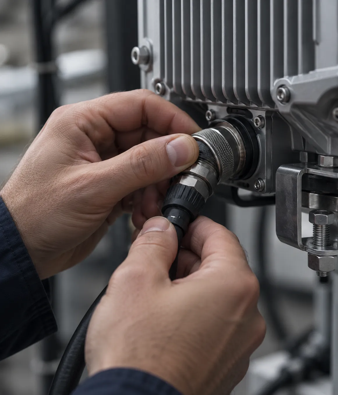 Close-up of a technician securing a cable connector to a radio unit during network installation.