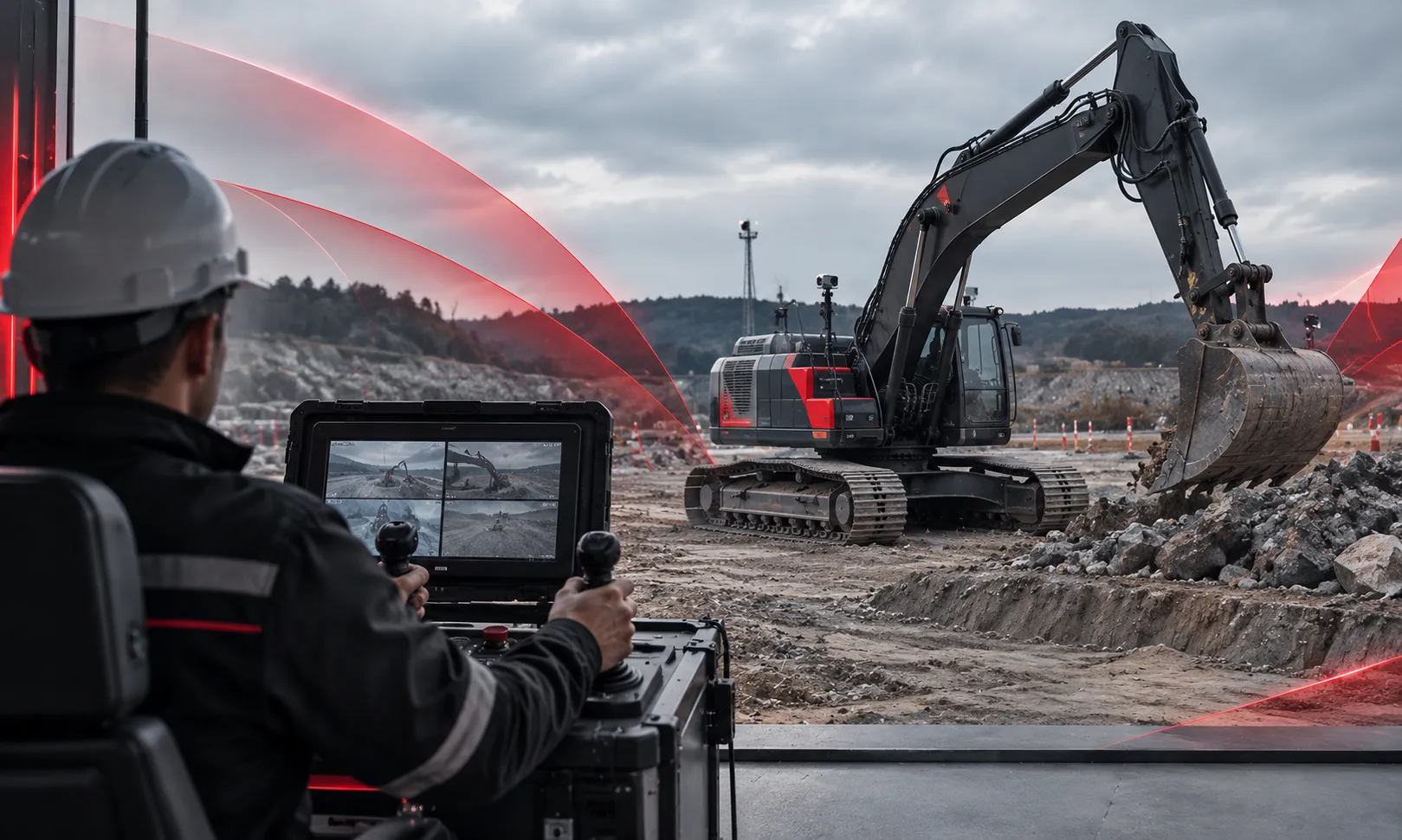 Illustration of an operator remotely controlling an excavator using joysticks and a live video display.
