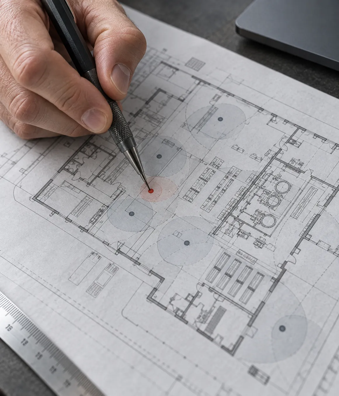 Close-up of an engineer marking radio coverage locations on an industrial floor plan.